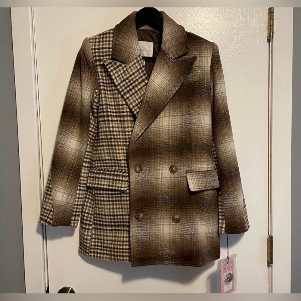 New Avec Les Filles Mixed Brown Plaid Boxy Blazer Size Medium - Picture 2 of 13